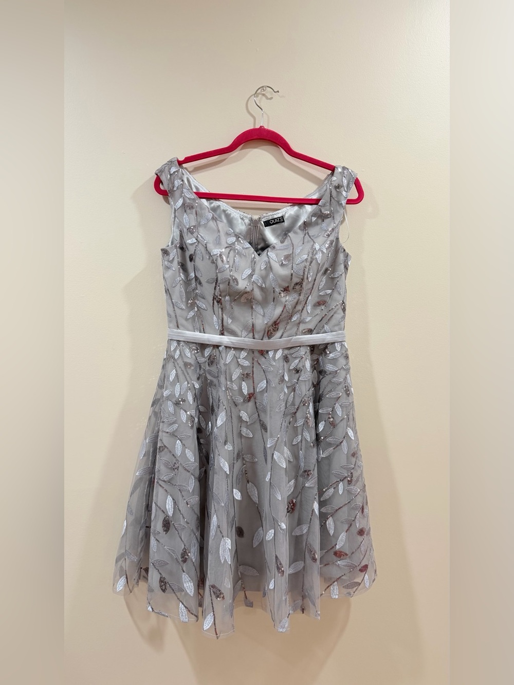 Silver Leaf-Embroidered Midi Dress